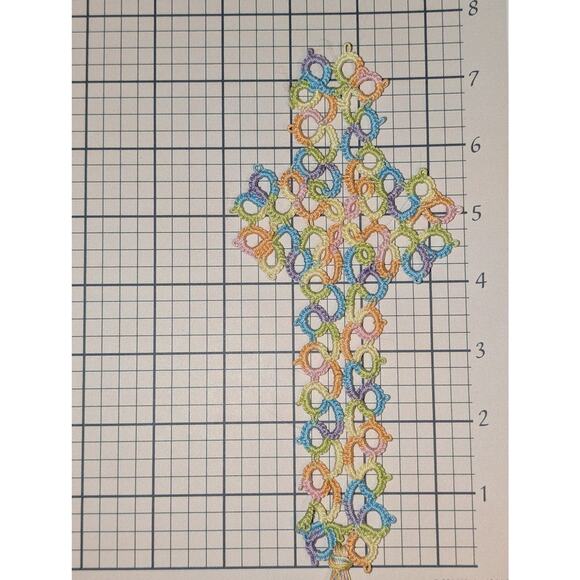 Pretty Gift: Handcrafted Variegated Pastels Tatted Cross Bookmark w/ Tassel - Picture 3 of 3